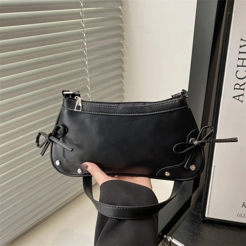 New Armpit Bag Trendy Shoulder Bag Sweet Double Bow Handbag Women's Bag Retro Simple Fashion Armpit Bags-1